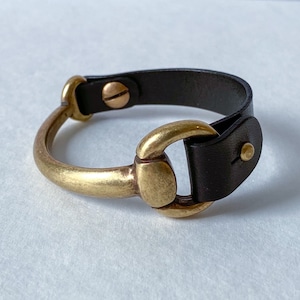 Small Antique Brass Snaffle Bit Bracelet with Black Leather Cuff - Genuine Leather Cuff Bracelet -  Equestrian Jewelry Gift for Her