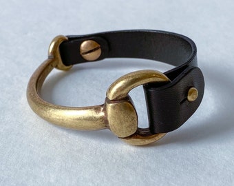 Small Antique Brass Snaffle Bit Bracelet with Black Leather Cuff - Genuine Leather Cuff Bracelet -  Equestrian Jewelry Gift for Her