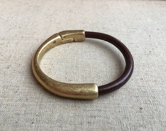 Brown Leather Bracelet with Antique Brass Half Cuff Magnetic Clasp - Genuine Leather Cuff Bracelet for Women - Gifts for Her