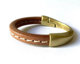 Stitched Tan/Beige Thick Leather Cuff Bracelet for Women with Antique Brass Half Cuff Magnetic Clasp - Leather Anniversary Gift for Her