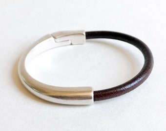 Brown Leather Bracelet for Women with Silver Half Cuff Magnetic Clasp - Genuine Leather Jewelry Gifts for Women