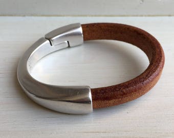 Thick COGNAC brown leather cuff BRACELET half leather, half metal magnetic SILVER clasp bracelet