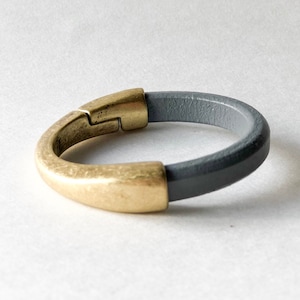 Gray Thick Leather Cuff Bracelet with Antique Brass Magnetic Half Cuff Clasp - Minimalist Leather Bracelet Jewelry Gift for Women