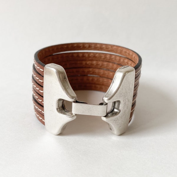 Dark Brown Multi Strand Leather Cuff Bracelet with Wide Silver Hook Clasp and White Stitching - Leather Anniversary Gift for Her