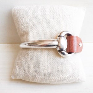 Small Silver Snaffle Bit Bracelet with Cognac Brown Leather Cuff - Genuine Leather Cuff Bracelet -  Equestrian Jewelry Gift for Her