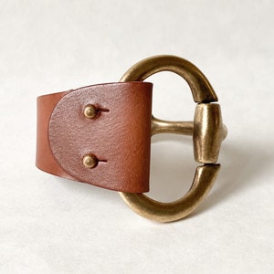 Large Antique Brass Snaffle Bit Bracelet with Brown Leather Cuff - Thick Leather Bracelet - Genuine Leather Jewelry Gift for Her