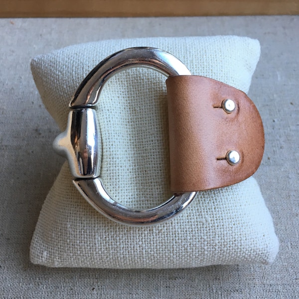 Large Silver Snaffle Bit Leather Bracelet with Brown Leather Cuff for Women - Genuine Leather Bracelet - Equestrian Jewelry Gift for Her
