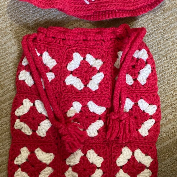 Vintage Early 1970s Handmade One of a Kind Girl's Lined Red and White Crocheted Purse and Matching Hat Made by Grandma!