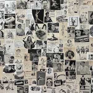 May include: A black and white collage featuring numerous vintage advertisements, illustrations, and photographs from mid-century magazines. The composition includes various people, household products, food items, and a large central cat face illustration.
