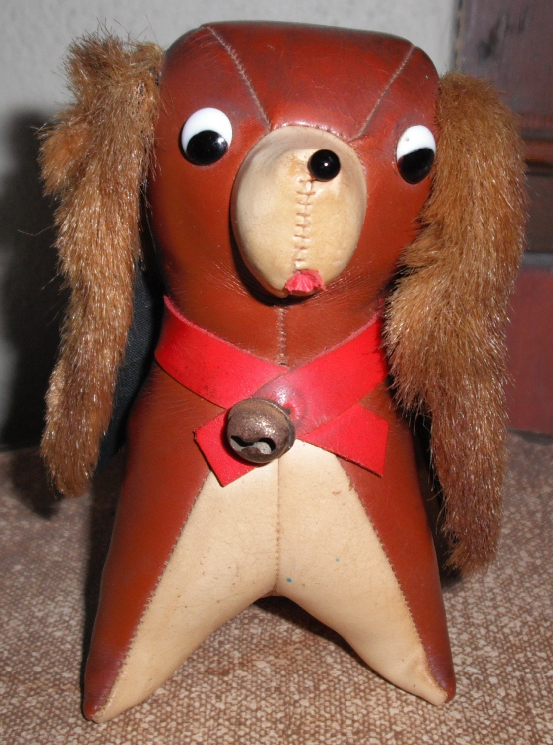 Super Cute Vintage Leather Stuffed Animaldog With Fur Ears - Etsy Super Cute Vintage Leather Stuffed Animaldog With Fur Ears - Etsy