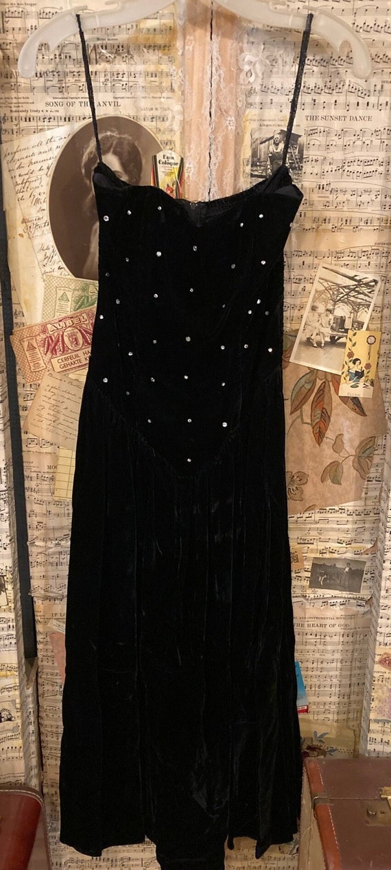 Vintage 1980s Black Velvet Strapless Dress Rhinest