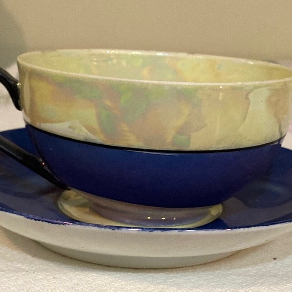 Phoenix China Blue and Yellow Lustreware Lusterware Tea Cup and Saucer made in Czechoslovakia