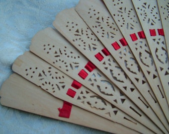 Vintage FAN, Pierced Wood Red Ribbon, Antique Brise Handfan