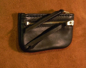 The 2 Zippered Credit Card/Coin Pouch, Change Purse in black leather