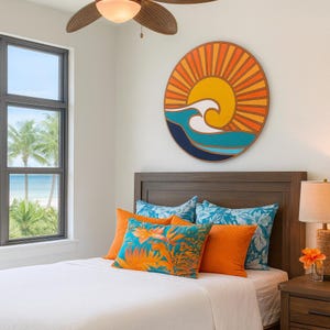 Wave Round Wall Art Sun and Waves Wood Art, Waves and Rays Beach Art Sign, California Coastal Wood Art