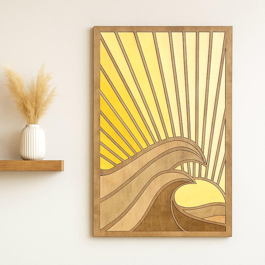 Sunrise Wave Wood Wall Art: Modern Coastal Decor