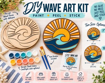 May include: A DIY wave art kit featuring pre-cut wood pieces with adhesive, acrylic paint pots, and two paint brushes. The kit includes instructions for creating a circular sun and wave design, with size options of 7 inches and 10 inches shown.