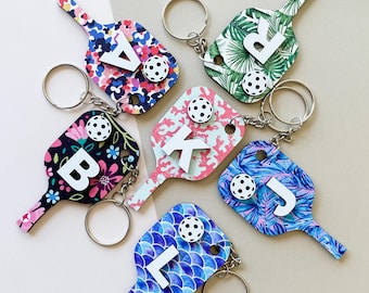 Personalized Floral Pickleball Paddle Keychain: Initial Bag Tag
