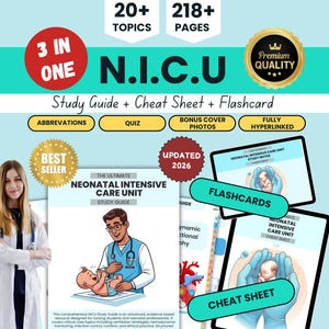 Puede incluir: Un conjunto de guía de estudio, hoja de trucos y tarjetas didácticas para la unidad de cuidados intensivos neonatales (UCIN). La imagen muestra materiales de estudio con más de 20 temas y 218 páginas. El texto dice "N.I.C.U Study Guide + Cheat Sheet + Flashcard".