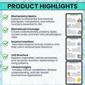 K&ouml;nnte beinhalten: Eine t&uuml;rkisfarbene und wei&szlig;e Grafik mit dem Text "PRODUCT HIGHLIGHTS". Die Grafik listet Biochemie-Themen wie "Biochemistry Basics", "Biomolecule Coverage", "Enzyme Functions", "Cell Structure" und "Clinical Insights" auf.