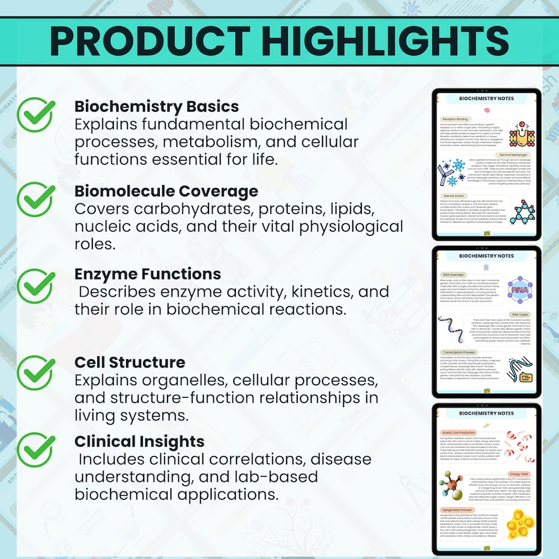 K&ouml;nnte beinhalten: Eine t&uuml;rkisfarbene und wei&szlig;e Grafik mit dem Text "PRODUCT HIGHLIGHTS". Die Grafik listet Biochemie-Themen wie "Biochemistry Basics", "Biomolecule Coverage", "Enzyme Functions", "Cell Structure" und "Clinical Insights" auf.