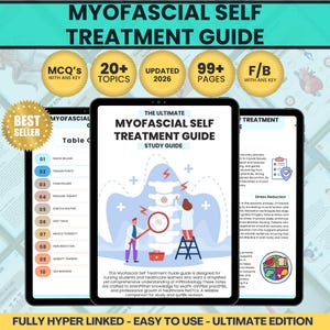 Op de afbeelding: Drie tablets tonen een "MYOFASCIALE ZELFBEHANDELINGSGIDS". De gids behandelt onderwerpen als triggerpoints en diep weefselwerk. Bevat "MCQ'S", "20+ TOPICS", "UPDATED 2026" en "99+ PAGES". De cover toont medische illustraties.