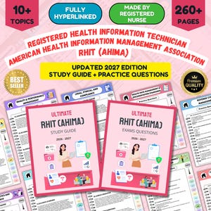 May include: A 260-page RHIT study guide and practice question set for the 2027 AHIMA exam. The materials feature pink covers with illustrations of medical professionals, health records, and charts, plus text detailing topics like legal, ethical, and compliance.
