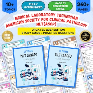 Könnte beinhalten: Ein Studienleitfaden und Übungsfragen für die MLT(ASCP)-Prüfung, Ausgabe 2027. Das Material umfasst über 260 Seiten, 10 Themen und ist vollständig verlinkt. Die Einbände zeigen ein Mikroskop und Reagenzgläser.