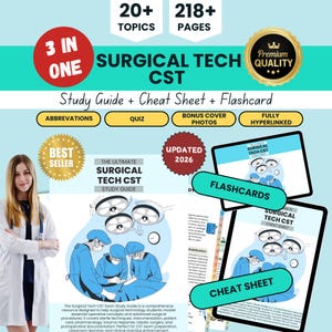 Op de afbeelding: Een digitale studieresource voor studenten operatieassistent met de titel The Ultimate Surgical Tech CST. Het bevat een studiegids, spiekbriefje en flashcards met meer dan 20 onderwerpen en 218 pagina's. Het ontwerp bevat medische illustraties van operatieteams en operatielampen, met tekst die aangeeft dat het is bijgewerkt voor 2026.
