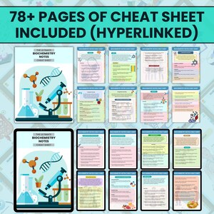 K&ouml;nnte beinhalten: Ein digitales Produkt mit Biochemie-Spickzetteln. Das Bild zeigt ein Tablet, das einen Spickzettel mit Molekulardiagrammen und einer Mikroskopillustration anzeigt. Der Text lautet "78+ PAGES OF CHEAT SHEET INCLUDED (HYPERLINKED)" und "THE ULTIMATE BIOCHEMISTRY NOTES CHEAT SHEET."