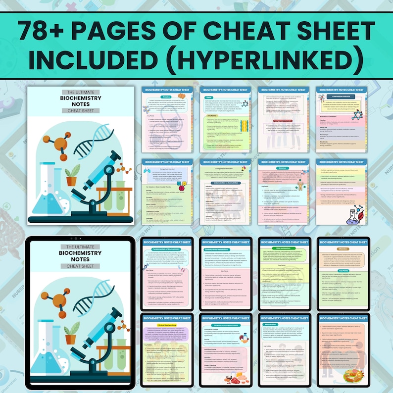 K&ouml;nnte beinhalten: Ein digitales Produkt mit Biochemie-Spickzetteln. Das Bild zeigt ein Tablet, das einen Spickzettel mit Molekulardiagrammen und einer Mikroskopillustration anzeigt. Der Text lautet "78+ PAGES OF CHEAT SHEET INCLUDED (HYPERLINKED)" und "THE ULTIMATE BIOCHEMISTRY NOTES CHEAT SHEET."