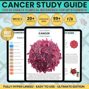 May include: A digital study guide for cancer, featuring the title "The Ultimate Cancer Study Guide" on a tablet screen. The guide includes topics, MCQs, and is updated for 2026. A "Best Seller" badge is visible.