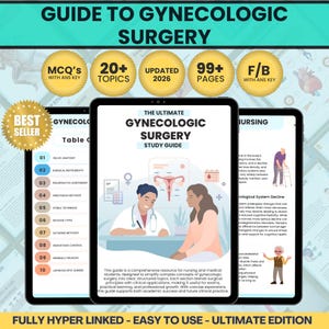 May include: A digital study guide titled "The Ultimate Gynecologic Surgery Study Guide" is displayed on a tablet. The guide features illustrations and text, including topics, page numbers, and a table of contents. The cover shows a doctor and patient.