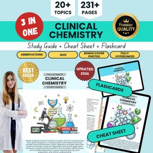 May include: A digital study guide for clinical chemistry featuring 20+ topics and 231+ pages. The resource includes a study guide, cheat sheet, and flashcards with illustrations of laboratory equipment, molecules, and text labels.