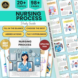 Può includere: Una guida allo studio intitolata "Nursing Process" con il testo "20+ Topics" e "98+ Pages". La copertina presenta un'illustrazione di un'infermiera e il testo "Updated 2026". Include più copertine e il testo "Fill in the Blanks" e "Choose the Best".