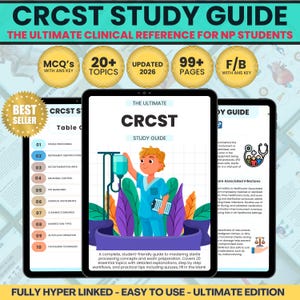 Puede incluir: Guía de estudio digital para estudiantes de enfermería, titulada "CRCST Study Guide". La portada presenta una ilustración de dibujos animados de un profesional médico y equipos médicos. La guía incluye temas, cuestionarios y preparación para exámenes.