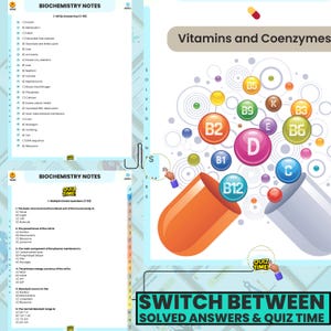 K&ouml;nnte beinhalten: Ein Lehrplakat mit dem Titel "Biochemie-Notizen" und "Vitamine und Coenzyme". Das Bild zeigt einen Quizbereich und eine Darstellung von Vitaminen. Der Text "Switch Between Solved Answers & Quiz Time" ist ebenfalls zu sehen.