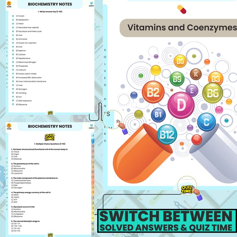 K&ouml;nnte beinhalten: Ein Lehrplakat mit dem Titel "Biochemie-Notizen" und "Vitamine und Coenzyme". Das Bild zeigt einen Quizbereich und eine Darstellung von Vitaminen. Der Text "Switch Between Solved Answers & Quiz Time" ist ebenfalls zu sehen.