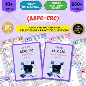 May include: The 2027 edition AAPC-CRC study guide and practice questions set features 260+ pages covering 10+ topics. The materials include a study guide and practice question book, both displaying a laptop, magnifying glass, and medical icons.