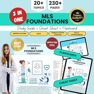 Könnte beinhalten: Ein digitales Lernpaket mit dem Titel MLS Foundations mit über 20 Themen und 230 Seiten. Enthält einen Studienführer, ein Spickzettel und Lernkarten mit Illustrationen eines Laborwissenschaftlers, eines Mikroskops und Reagenzgläsern.