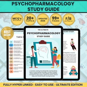 Peut inclure: Un guide d'étude numérique pour la psychopharmacologie, avec le texte "The Ultimate Psychopharmacology Study Guide". Le guide comprend des questions à choix multiples, des exercices à compléter et des concepts essentiels. La couverture montre des illustrations.