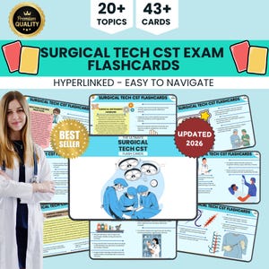 Op de afbeelding: Een set digitale flashcards voor het chirurgisch technisch CST-examen met meer dan 20 onderwerpen en 43 kaarten. De weergave bevat tekst, medische illustraties van chirurgische ingrepen en labels zoals Best Seller en Updated 2026 op een lichtblauwe achtergrond.