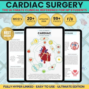 May include: A digital study guide for cardiac surgery, featuring the text "The Ultimate Cardiac Study Guide." The guide includes topics like heart anatomy and post-operative care. The cover displays a stylized heart illustration with medical icons.
