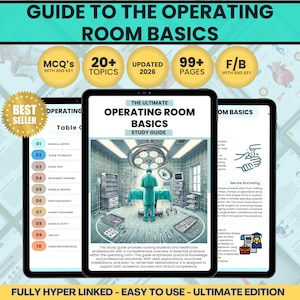 以下が含まれることがあります： 3台のタブレットに「The Ultimate Operating Room Basics」というタイトルのデジタル学習ガイドが表示されています。このガイドでは、外科的技術や外科的安全性などのトピックを扱っています。表紙には手術の様子が描かれています。