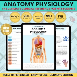 Puede incluir: Tres tabletas digitales que muestran una guía de estudio de anatomía y fisiología. La portada presenta un diagrama del cuerpo humano. El texto incluye "Anatomía Fisiología" y "La referencia clínica definitiva para estudiantes de enfermería".