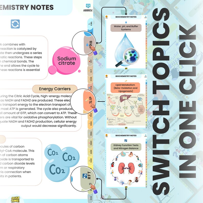 K&ouml;nnte beinhalten: Eine farbenfrohe, lehrreiche Infografik mit dem Titel "CHEMISTRY NOTES" und dem Text "SWITCH TOPICS IN ONE CLICK". Die Infografik enth&auml;lt Diagramme und Texte zu biochemischen Themen wie "Water, pH, and Buffer Systems" und "Kidney Function Tests and Nitrogen Balance."