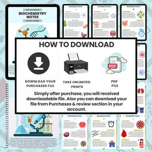 K&ouml;nnte beinhalten: Ein digitales Studienhandbuch f&uuml;r Biochemie mit dem Titel "The Ultimate Biochemistry Notes Study Guide". Das Bild zeigt ein Tablet mit dem Handbuch sowie Anweisungen zum Herunterladen und Drucken der PDF-Datei.