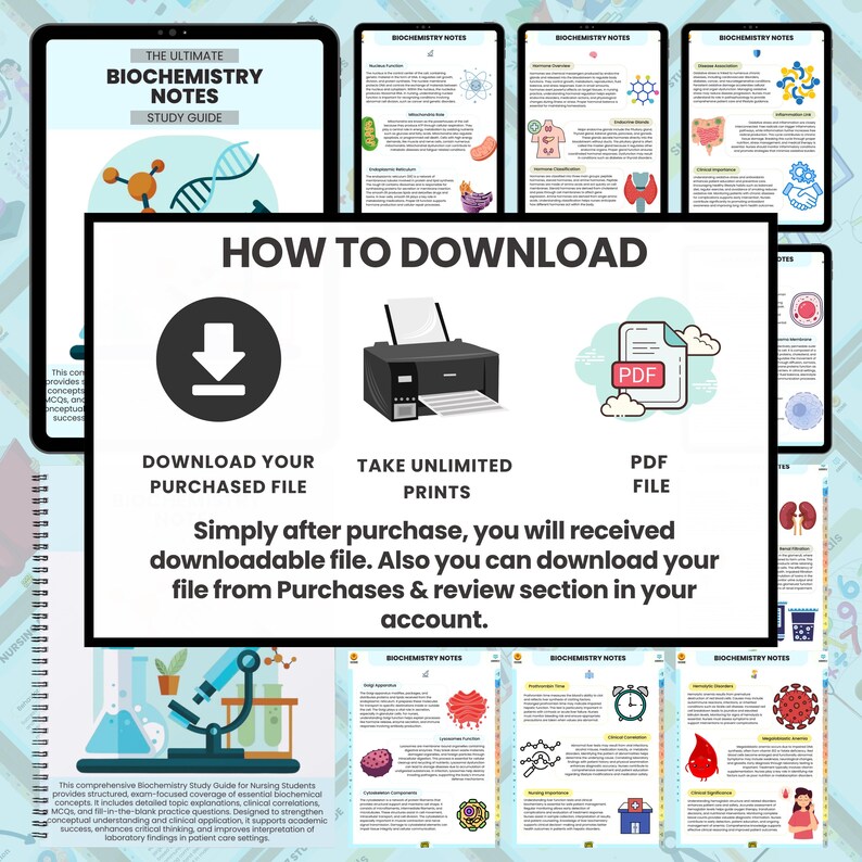 K&ouml;nnte beinhalten: Ein digitales Studienhandbuch f&uuml;r Biochemie mit dem Titel "The Ultimate Biochemistry Notes Study Guide". Das Bild zeigt ein Tablet mit dem Handbuch sowie Anweisungen zum Herunterladen und Drucken der PDF-Datei.