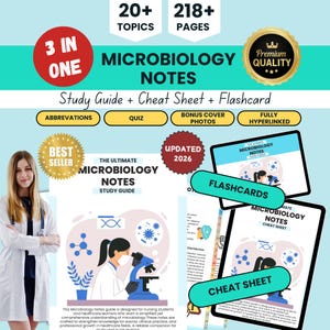 May include: A digital study resource titled Microbiology Notes featuring 20+ topics and 218+ pages. Includes a study guide, cheat sheet, and flashcards with text labels for abbreviations, quizzes, and bonus cover photos. The design includes a 3-in-one badge, a premium quality seal, and an updated 2026 stamp.