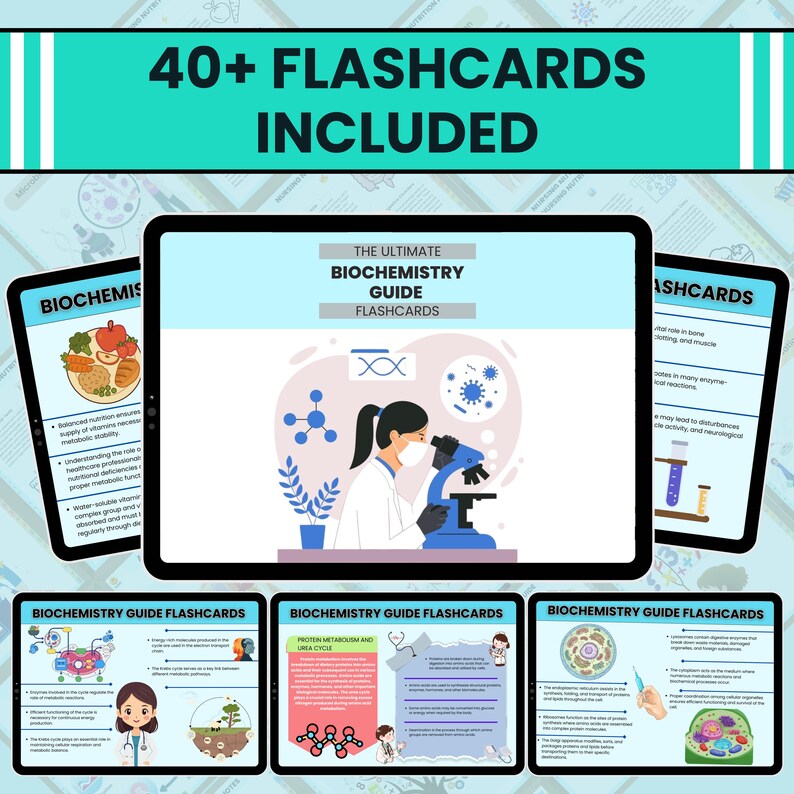 K&ouml;nnte beinhalten: Digitale Karteikarten auf schwarzem Hintergrund. Das Hauptbild zeigt ein Tablet mit dem Text "THE ULTIMATE BIOCHEMISTRY GUIDE FLASHCARDS" und eine Illustration eines Wissenschaftlers, der ein Mikroskop benutzt. Der Text "40+ FLASHCARDS INCLUDED" steht oben.